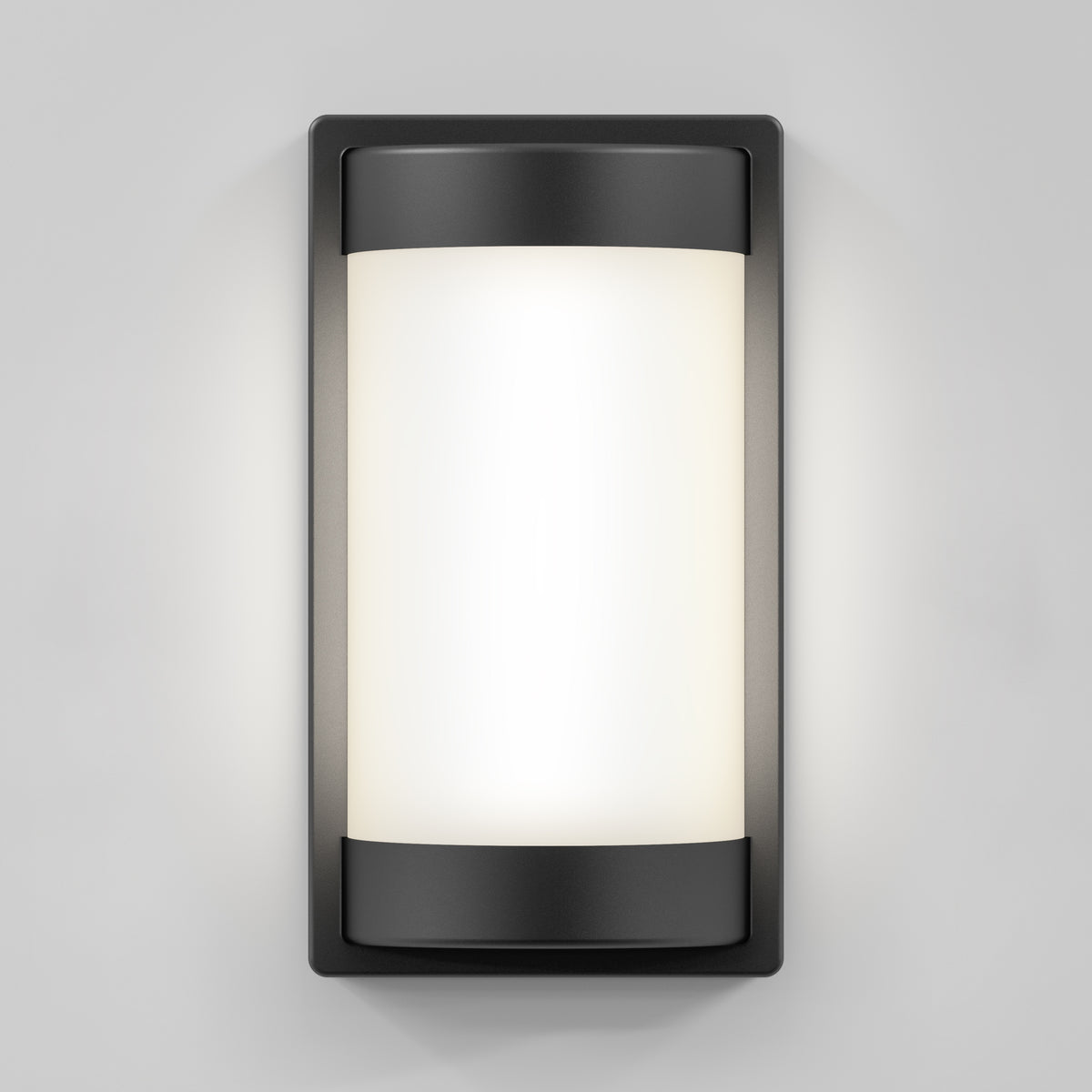 A modern rectangular wall sconce with a black frame and a frosted white curved light diffuser, mounted on a light gray wall.