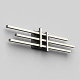 A modern wall light fixture with six horizontal, parallel light bars intersecting at a central vertical block, mounted on a plain light gray wall. The design is minimalist and geometric.