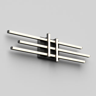 Artika Grid modern LED bathroom vanity light, matte black, with 4 lit bars crossed by 2 vertical bars on a light gray wall.