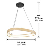 Modern pendant ceiling light with an oval wooden frame, suspended by two wires from a round black base. The light measures 57.2 cm wide and hangs up to a maximum height of 191 cm. Measurements shown in cm and inches.