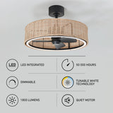 Ceiling fan with a woven rattan-style light fixture, featuring icons and text highlighting LED integration, 50,000-hour life, dimmable, tunable white technology, 1800 lumens brightness, and a quiet motor.