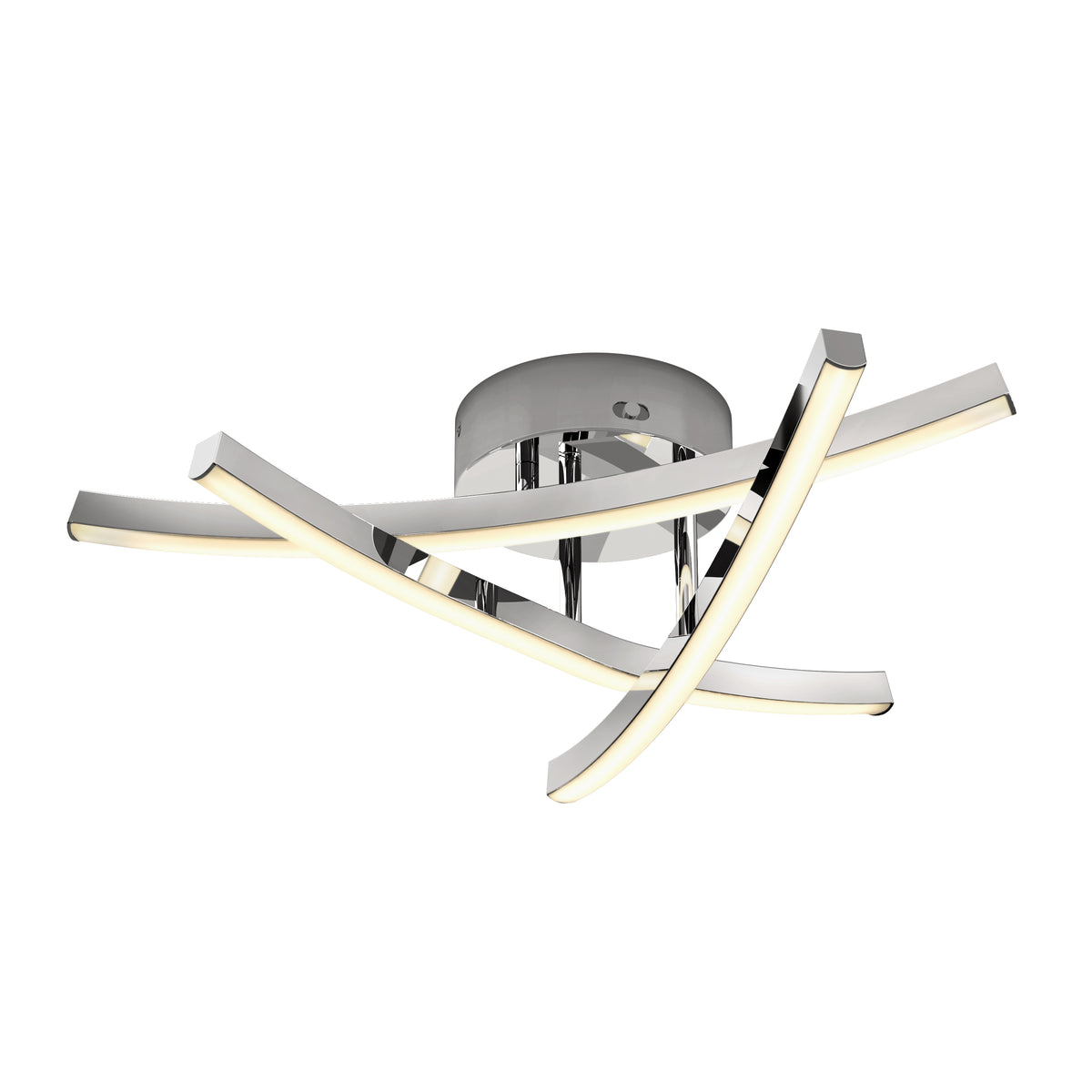 Modern ceiling light fixture with a round chrome base and four curved LED bars intersecting in an abstract, contemporary design. The LED bars emit a soft white light, giving the fixture a stylish, sculptural appearance.