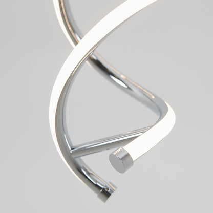 Close-up of the Artika DNA LED pendant light, featuring two intertwined curved metallic arms with integrated LED strips in a double helix design, set against a plain light gray background.