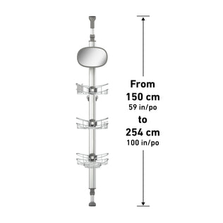 The Artika Neptune shower caddy features a mirror and three baskets, fits shower heights from 150 cm (59 in) to 254 cm (100 in), and includes a rust-resistant adjustable pole shown with double-headed arrow measurements.