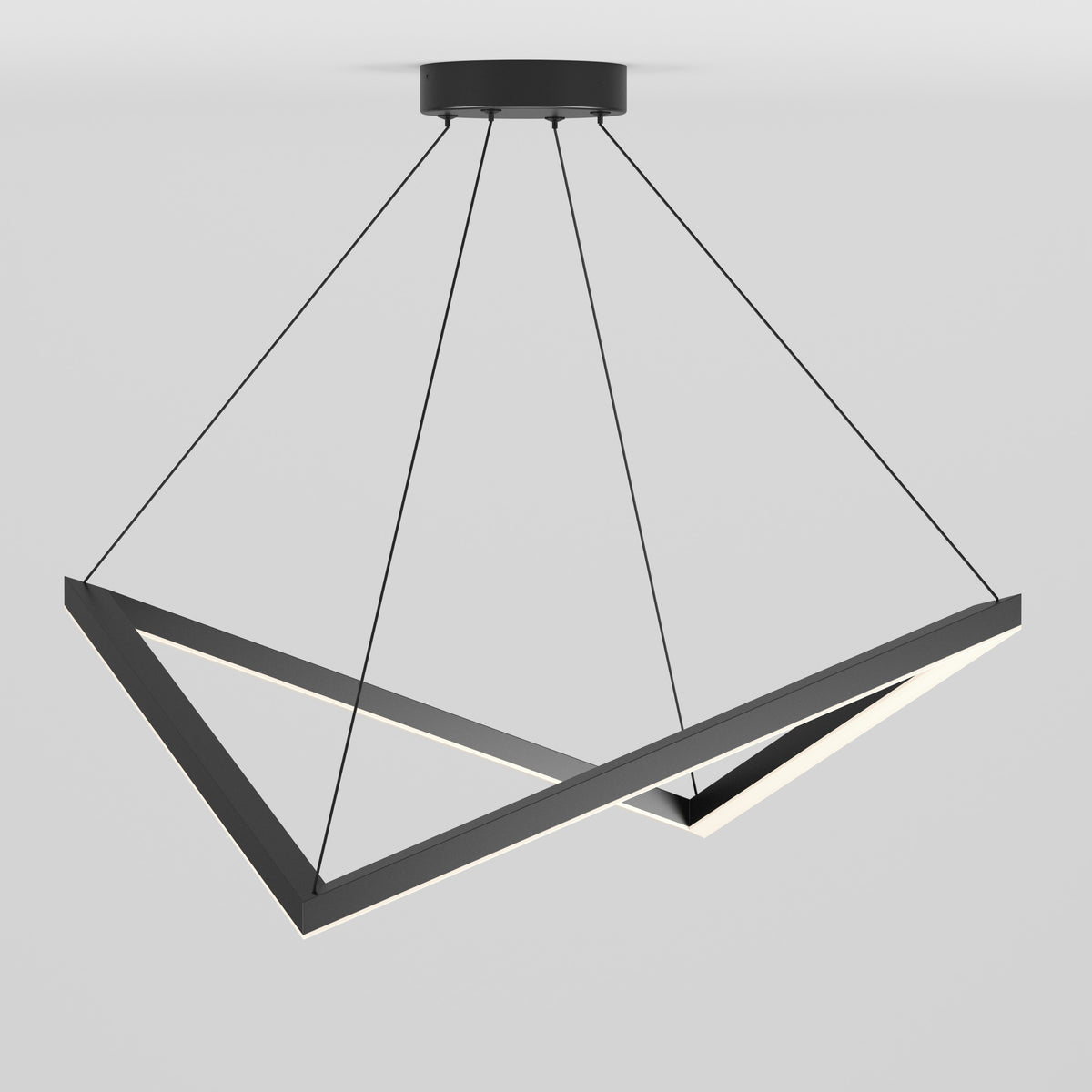Modern geometric ceiling light fixture with a triangular black metal frame suspended by four thin black cables, featuring integrated LED strips along the inner edges, set against a plain white background.