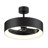A modern black ceiling fan with a circular light ring, featuring three blades and a sleek, minimalist design.
