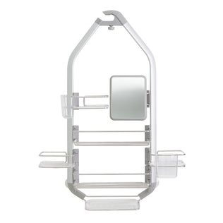 The Artika O2 Hanging Shower Caddy features a built-in rectangular mirror, multiple shelves, hooks, and compartments for toiletries, designed to hang over your showerhead.