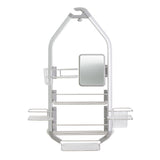Shower caddy with multiple shelves, hooks, and a small mirror; designed to hang over a showerhead and hold toiletries and accessories.