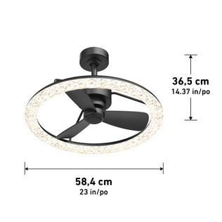 The Artika Carat 23" LED Modern Ceiling Fan features a gemstone-cut diffuser, black blades, and remote control; 14.37"H x 23"W.