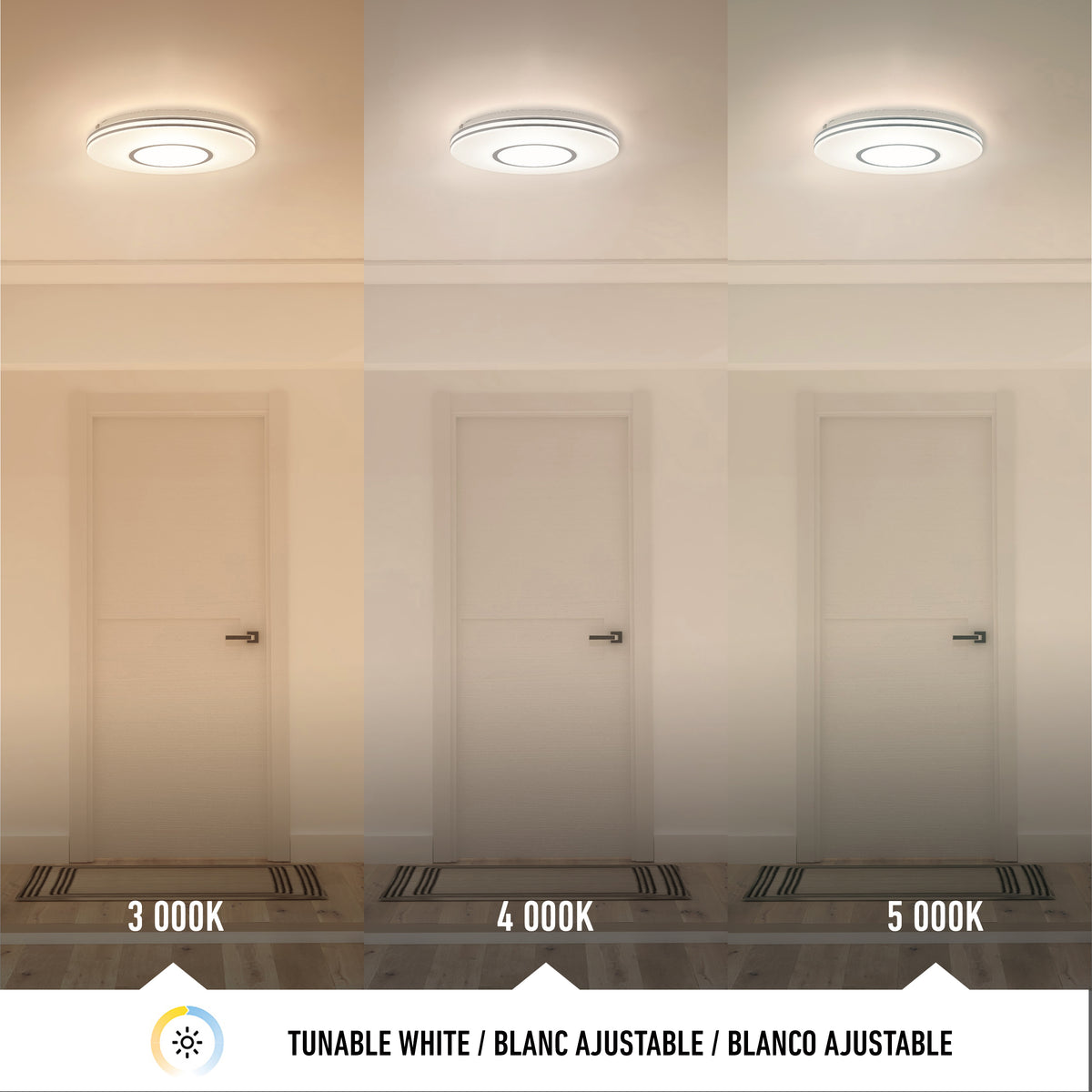 Three rooms with closed doors are lit by Artika's Horizon 13 in. LED flush mount (3 CCT: 3000K, 4000K, 5000K) for warm to cool tones.