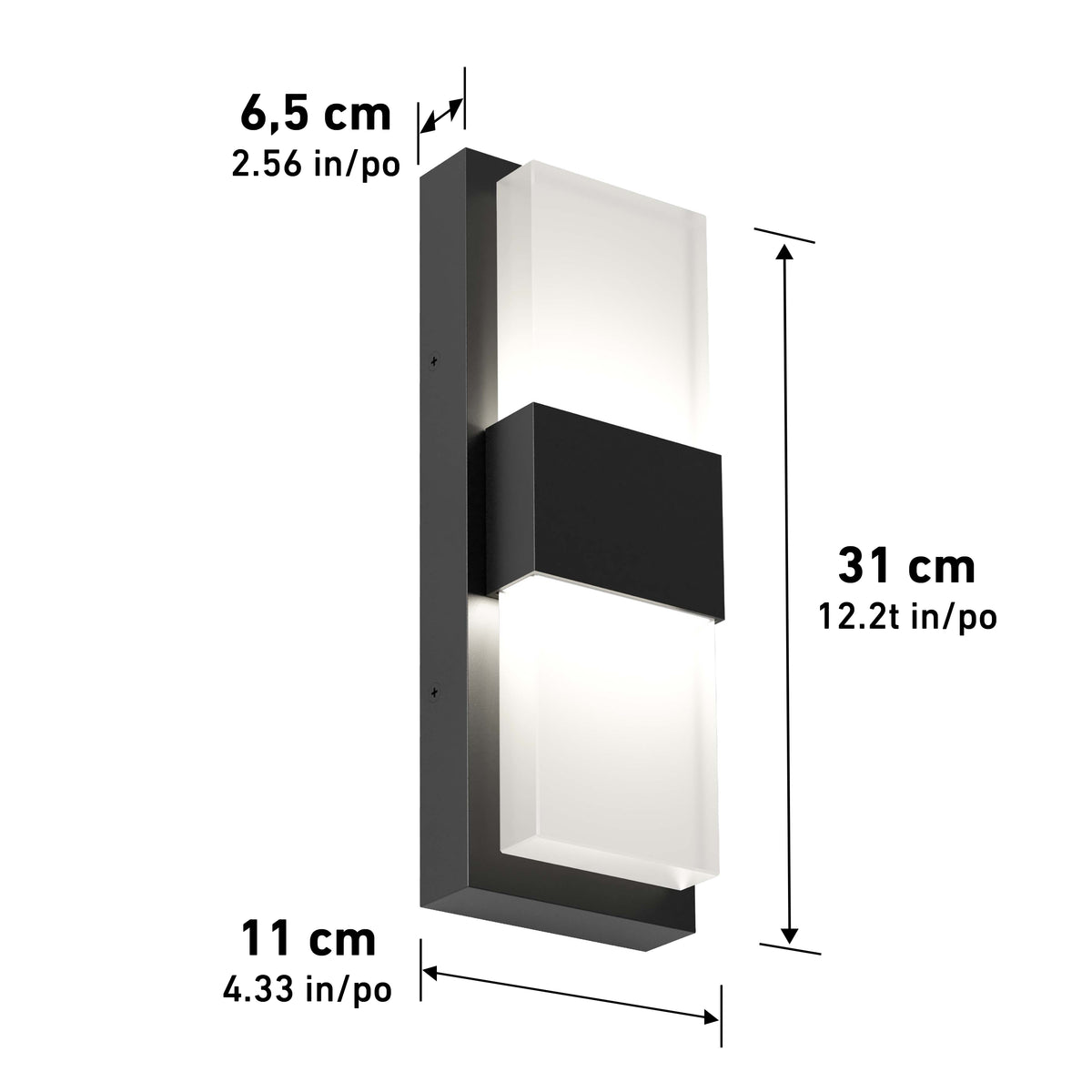 A modern rectangular wall light with a black center band and frosted white panels, measuring 31 cm (12.2 in) high, 11 cm (4.33 in) wide, and 6.5 cm (2.56 in) deep.