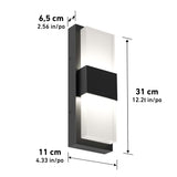 A modern rectangular wall light with a black center band and frosted white panels, measuring 31 cm (12.2 in) high, 11 cm (4.33 in) wide, and 6.5 cm (2.56 in) deep.