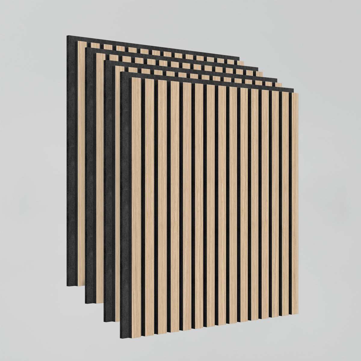 Four rectangular wood acoustic panels with a pattern of vertical light wood and black slats are arranged in a staggered row against a plain, light gray background.