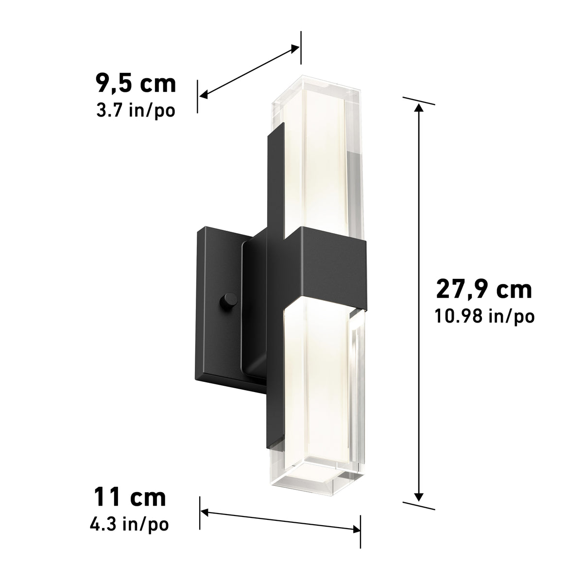 Black wall-mounted light fixture with rectangular base and two clear ends, dimensions shown: 27.9 cm (10.98 in) tall, 9.5 cm (3.7 in) wide, and 11 cm (4.3 in) deep.