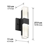 Black wall-mounted light fixture with rectangular base and two clear ends, dimensions shown: 27.9 cm (10.98 in) tall, 9.5 cm (3.7 in) wide, and 11 cm (4.3 in) deep.