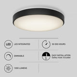 A round, modern LED ceiling light with icons and text highlighting features: LED integrated, 50,000 hours lifespan, dimmable, easy installation with safety hook, and 1000 lumens brightness.
