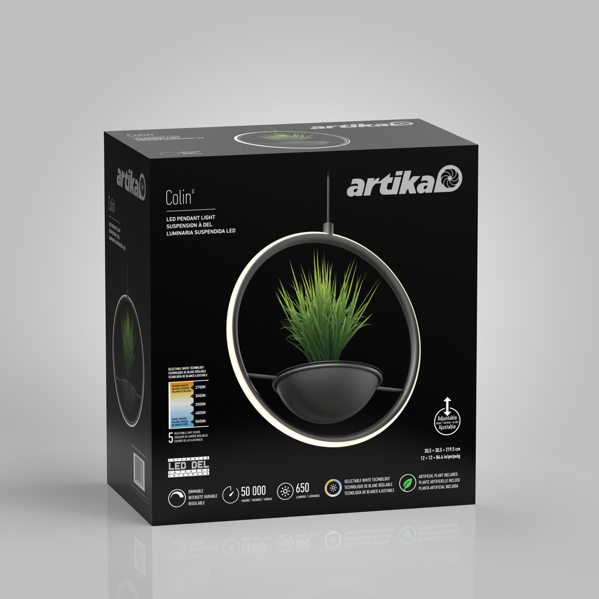 A product box for the Artika Colin LED pendant light, featuring an image of the light shaped like a ring with a potted green plant inside. The packaging displays product details and specifications on a black background.