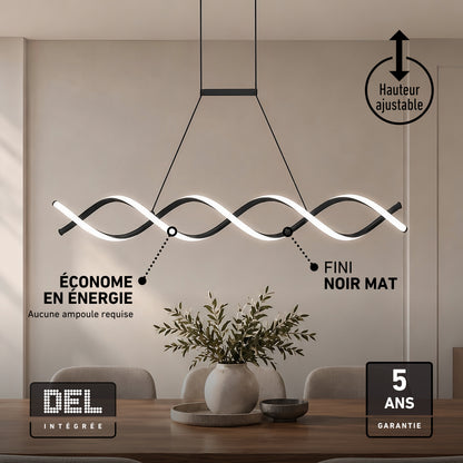 Artika DNA Linear LED modern pendant light in matte black with a double helix shape, adjustable height, energy efficiency, and a 5-year warranty.