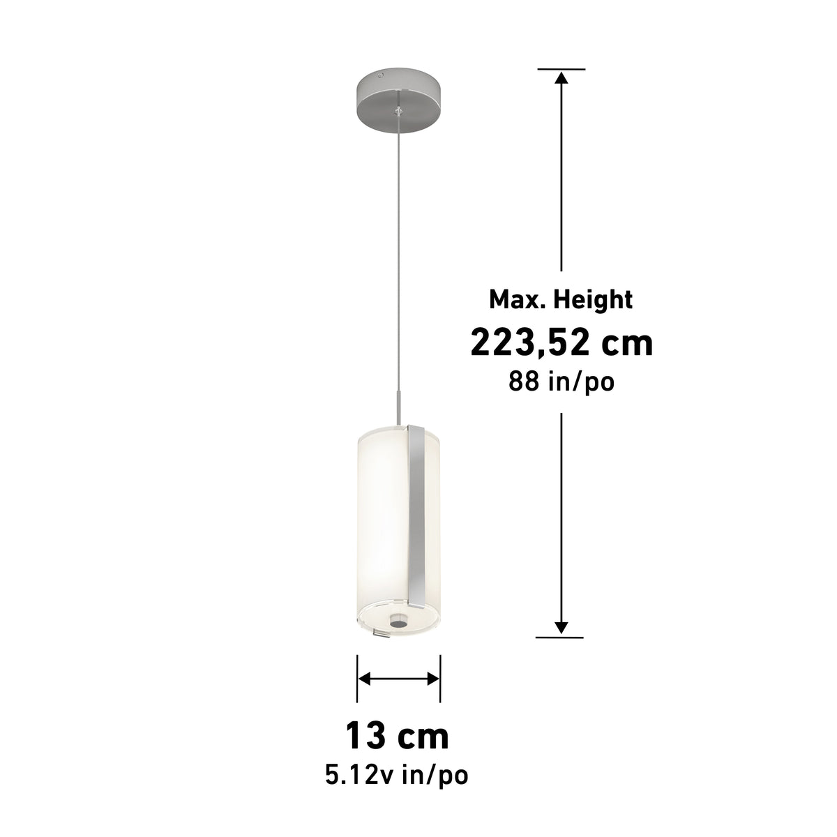 A hanging pendant light with a cylindrical white shade, shown with measurements: 13 cm (5.12 in) wide and a maximum height of 223.52 cm (88 in) from ceiling to bottom.