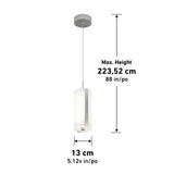 A hanging pendant light with a cylindrical white shade, shown with measurements: 13 cm (5.12 in) wide and a maximum height of 223.52 cm (88 in) from ceiling to bottom.