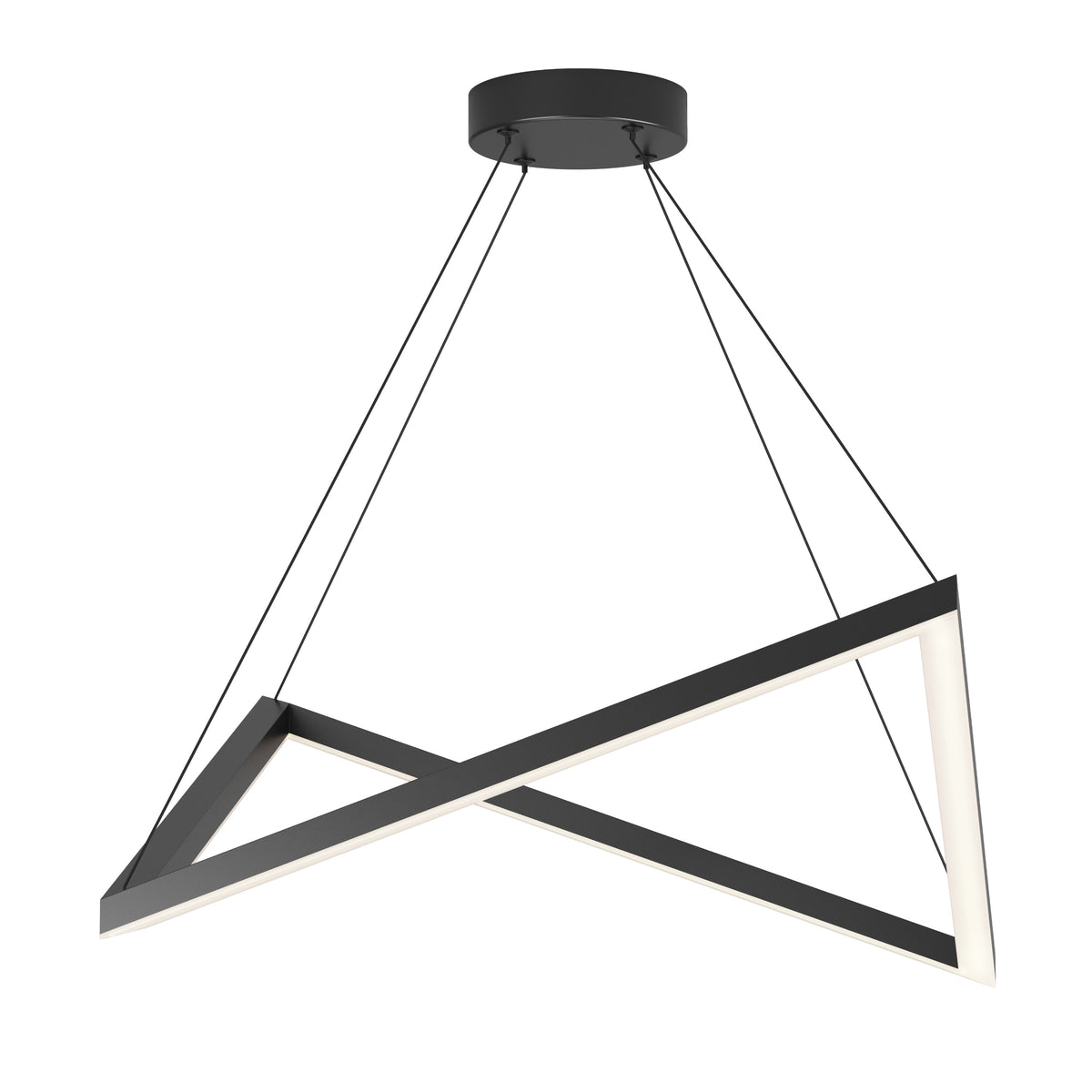 A modern, geometric black pendant light with an angled triangular frame, suspended from the ceiling by four thin black cables attached to a round ceiling mount. The frame has integrated LED lighting.