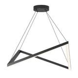 A modern, geometric black pendant light with an angled triangular frame, suspended from the ceiling by four thin black cables attached to a round ceiling mount. The frame has integrated LED lighting.