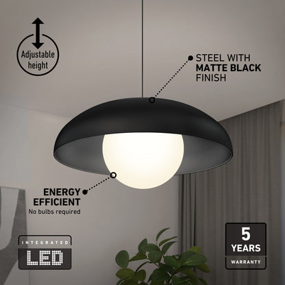 Matte black Artika Boden LED modern mid-century pendant light with a globe bulb, featuring adjustable height, energy efficiency, and warranty.
