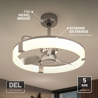 Artika Sunnyvale 23 in. LED fandelier with light, remote, French energy label, brushed nickel finish, 5-year warranty.