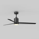 A modern black ceiling fan with three blades and a built-in circular light fixture, mounted on a plain white ceiling.