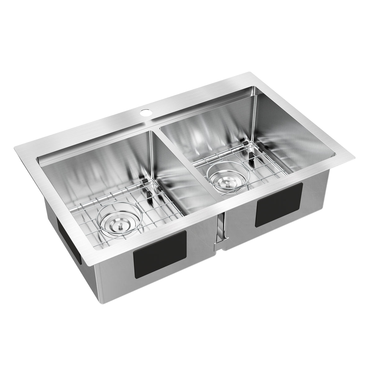 The Artika Newport double bowl stainless steel sink features a single faucet hole and includes metal grid racks for each basin.
