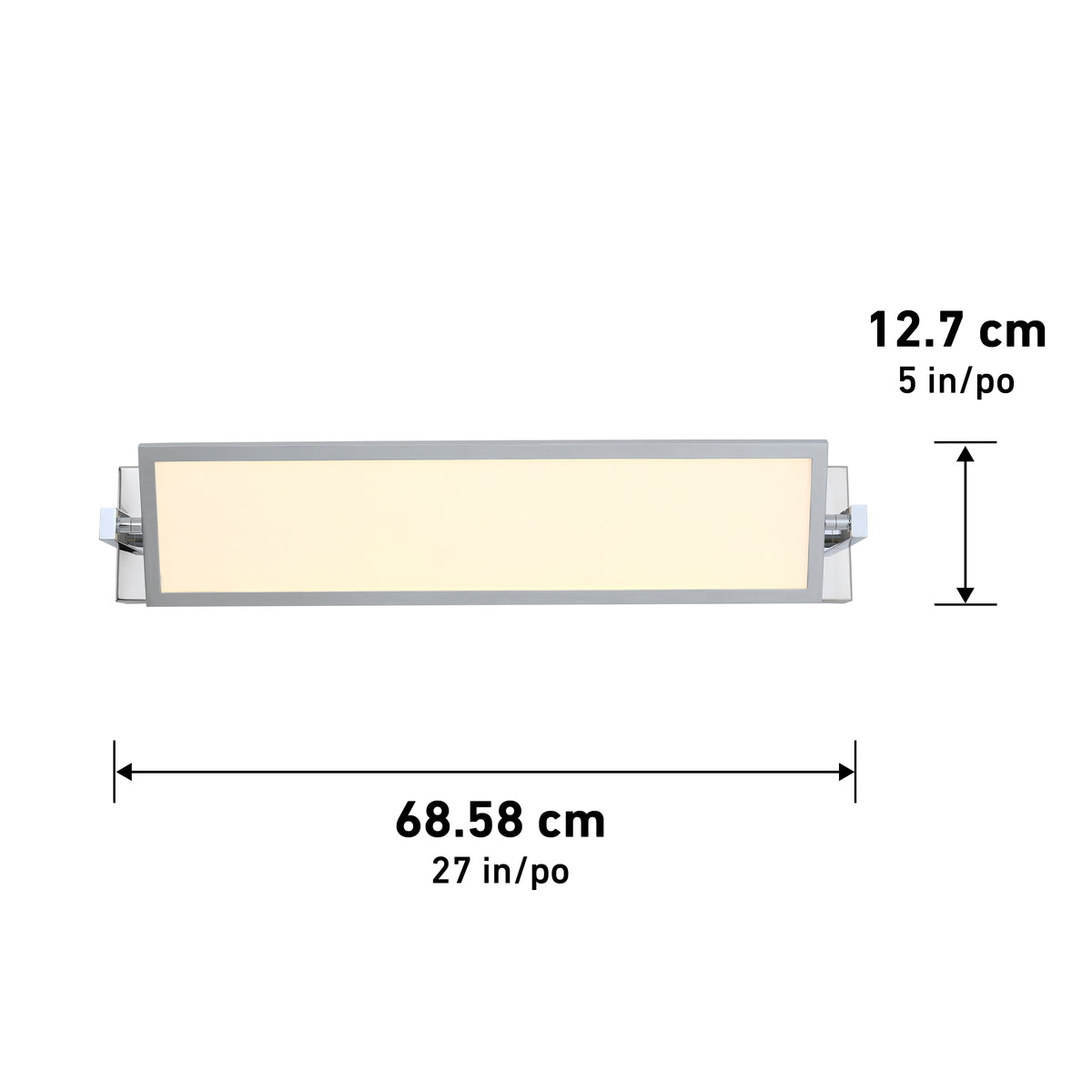 Rectangular wall light fixture with a frosted panel, measuring 68.58 cm (27 in) wide and 12.7 cm (5 in) tall. The dimensions are shown with double-headed arrows beside and below the fixture.