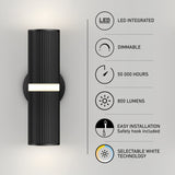 Black vertical wall sconce with white light, shown alongside icons and text highlighting features: LED integrated, dimmable, 50,000 hours lifespan, 800 lumens, easy installation, and selectable white technology.