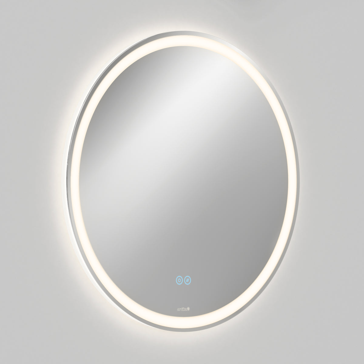 A round wall-mounted mirror with a built-in LED light ring around the edge, glowing softly. There are two blue touch control buttons visible on the mirrors surface. The background is plain and light-colored.