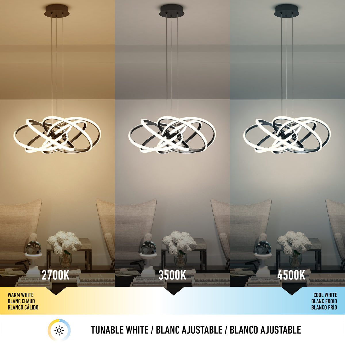 A modern chandelier above a living room table is shown under three different lighting temperatures: warm white (2700K), neutral white (3500K), and cool white (4500K). Each section displays distinct light tones.