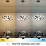A modern chandelier above a living room table is shown under three different lighting temperatures: warm white (2700K), neutral white (3500K), and cool white (4500K). Each section displays distinct light tones.