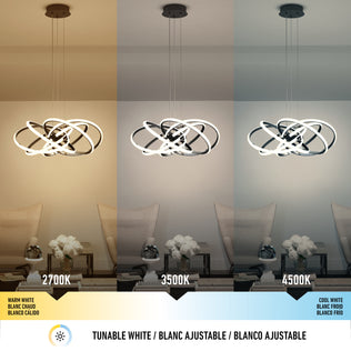 The Maelstrom LED pendant light by Artika is displayed above a dining table, showcasing three lighting temperatures: warm white (2700K), neutral white (3500K), and cool white (4500K), each transforming the room’s ambiance and color tone.