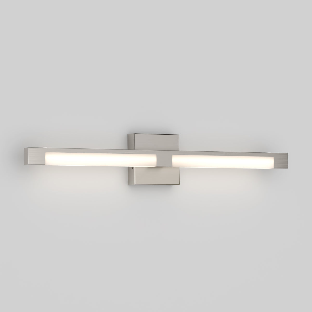 The Artika Tivoli modern LED bathroom vanity light 5 CCT features a rectangular base and an elongated frosted glass bar with adjustable lighting, emitting a soft white glow against a light gray background.