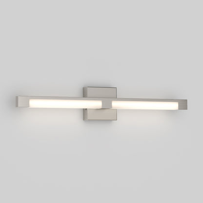 The Artika Tivoli modern LED bathroom vanity light 5 CCT features a rectangular base and an elongated frosted glass bar with adjustable lighting, emitting a soft white glow against a light gray background.