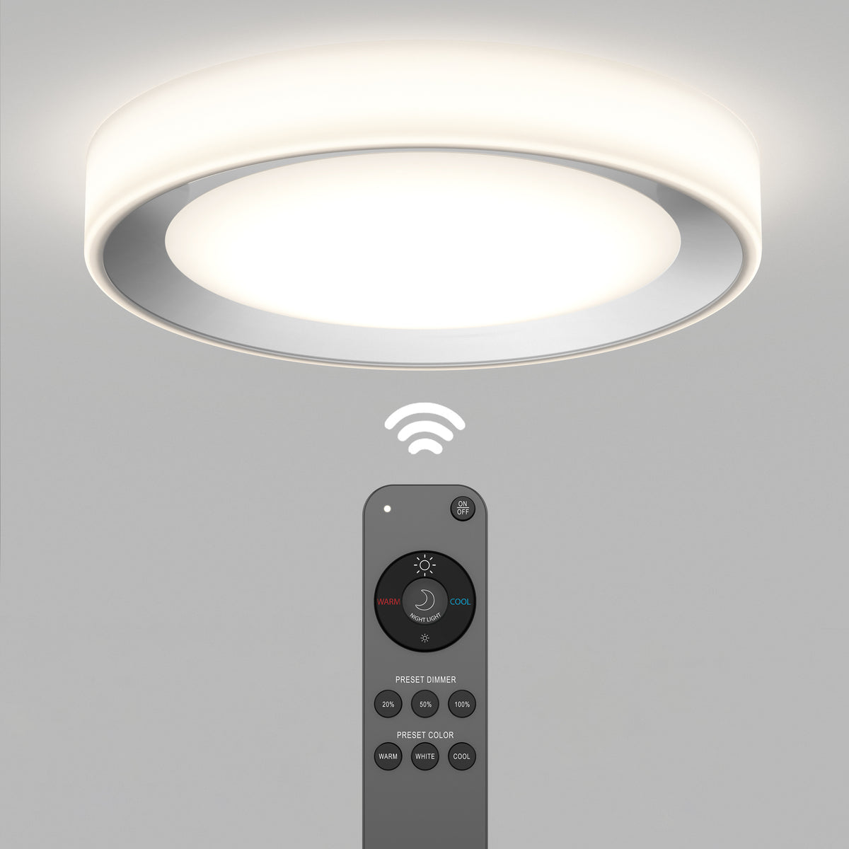 The Artika Cooper LED flush mount light features a soft glow and a remote with multiple buttons, including a nightlight function.