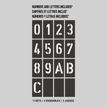 The Artika Bowen modern LED outdoor address wall light 5 CCT includes stenciled black rectangles with white 0-9, A, B, C; "3 sets / 3 ensembles / 3 juegos" is shown in English, French, and Spanish above the display.