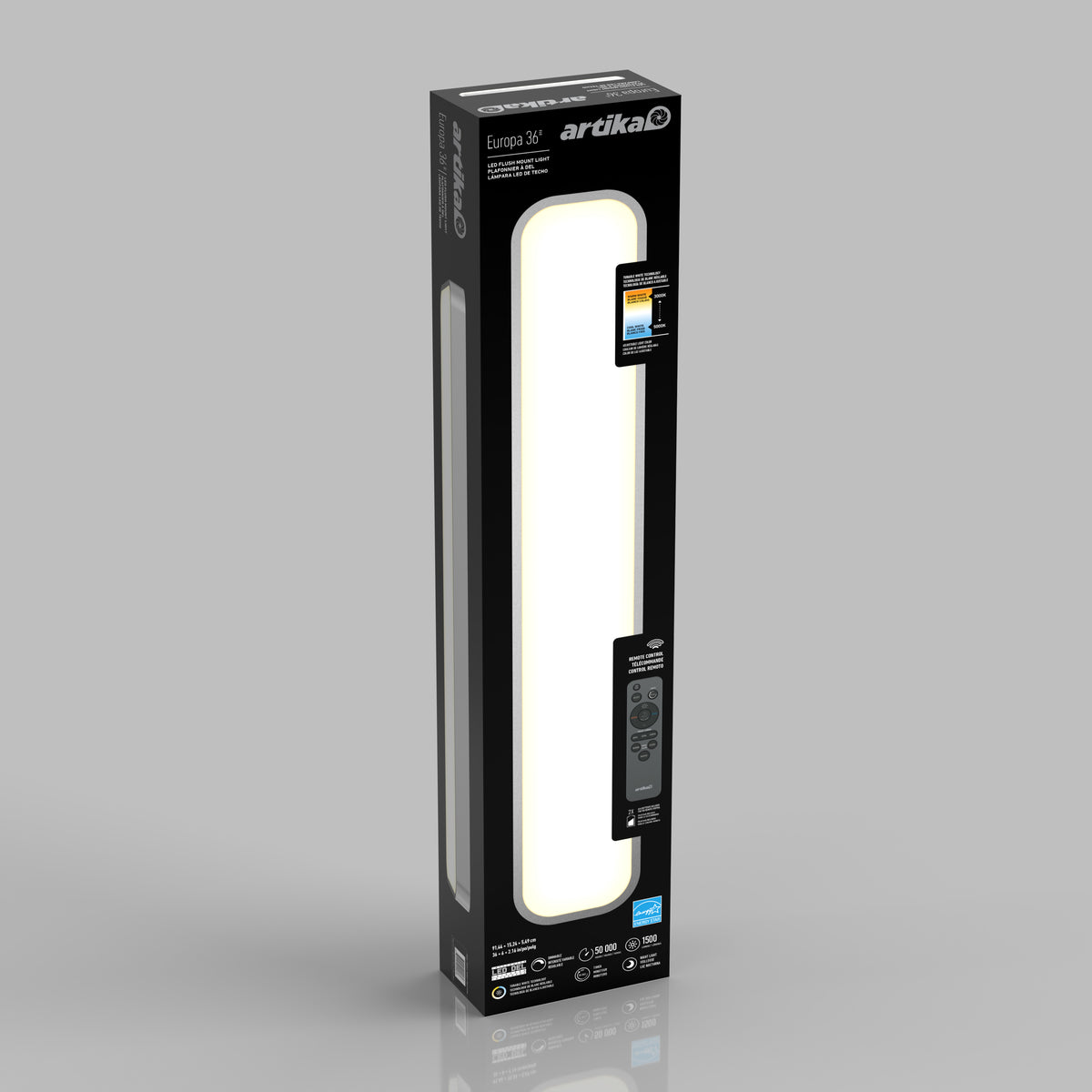 A rectangular black box containing an Artika Europa 36-inch LED light panel is shown standing upright with product details, an image of the remote control, and lighting features visible on the packaging.