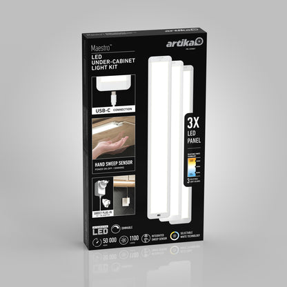 Artika Maestro under cabinet LED light 3 CCT, pack of 3—dimmable, USB-C, sensor—ideal for modern kitchen lighting.