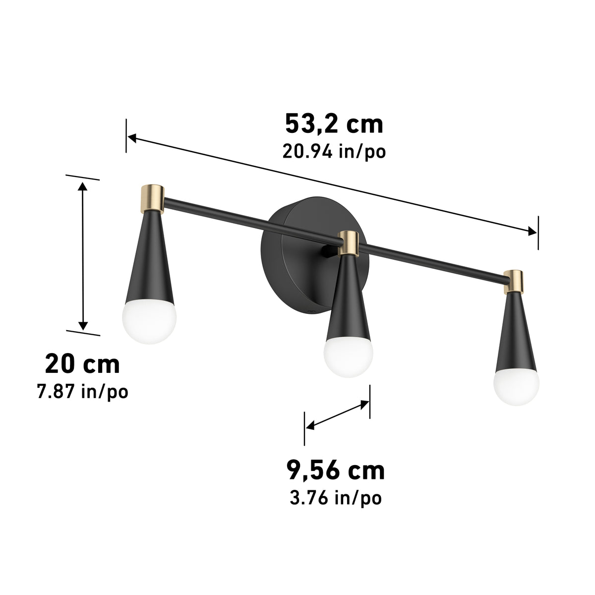 A modern black and gold three-light wall fixture with cone-shaped shades. Dimensions: 53.2 cm wide, 20 cm tall, and 9.56 cm deep. Each measurement is shown in both centimeters and inches.