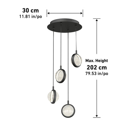 A modern black pendant ceiling light with four circular LED fixtures hanging at different lengths. Dimensions are 30 cm (11.81 in) wide and up to 202 cm (79.53 in) maximum height.
