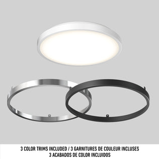 Artika Isara 12″ RGBIC LED ceiling light with white, black, and silver trims, displayed on a plain backdrop with multilingual text.