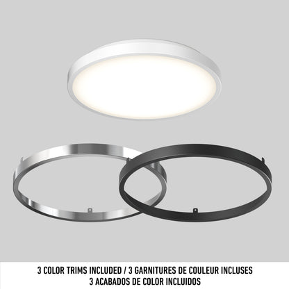 Artika Isara 12″ RGBIC LED ceiling light with white, black, and silver trims, displayed on a plain backdrop with multilingual text.