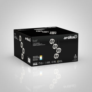 A black Artika box displays the Vivaldi LED 4-light pendant, a modern circular fixture. The packaging shows specs and icons for color temperature and adjustable features.