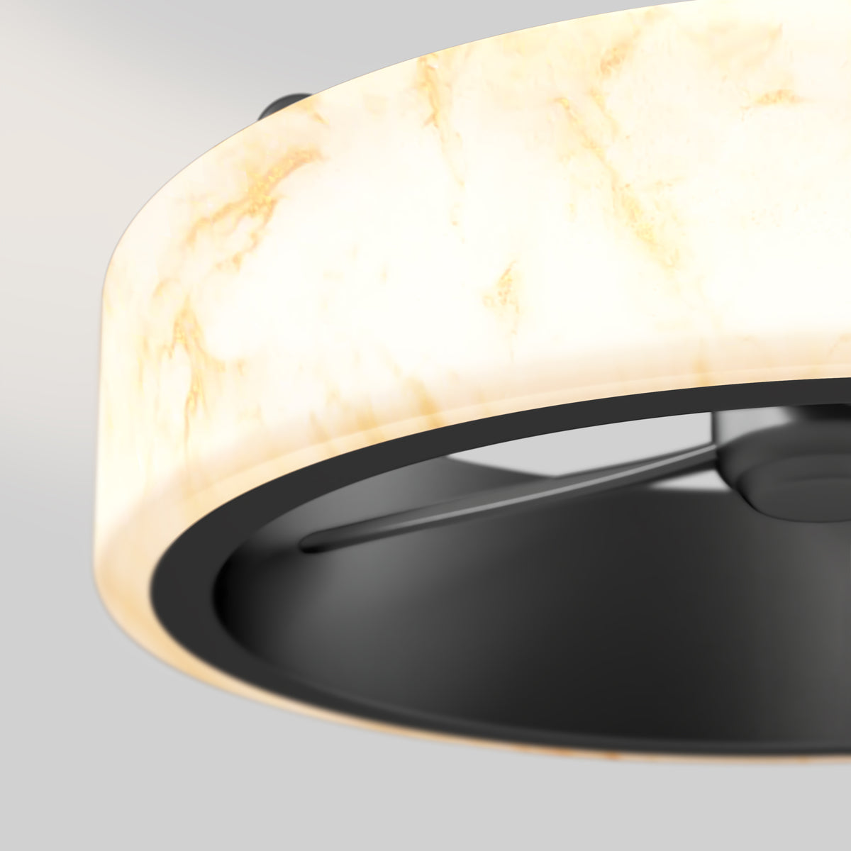 Close-up view of a modern ceiling light fixture with a circular, marble-patterned shade and black interior detailing against a light gray background.