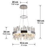 Modern circular pendant chandelier with crystal-like rods hanging from a silver ring, suspended by cables. Dimensions are labeled: 20 cm (ceiling plate diameter), 24 cm (height), 53.4 cm (width), and 183 cm (overall height).