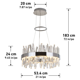 The Artika Enchanted LED pendant light features a modern circular design with clear prisms and metal accents. Dimensions: 20 cm top width, 24 cm height, 183 cm hanging length, and 53.4 cm chandelier width.